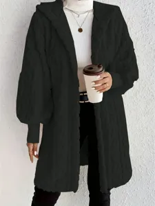 Women's black fuzzy hooded long coat casual winter autumn warm outerwear long sleeve jacket