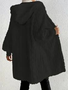 Women black fluffy hooded coat loose long sleeve outerwear casual stylish autumn spring top
