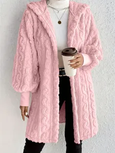Detailed view of women pink fluffy hooded cardigan coat, soft plush long sleeve winter outerwear.