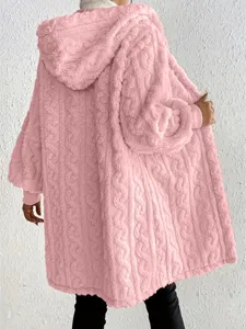 Women pink fluffy hooded cardigan coat, loose long sleeve fleece outerwear spring detail.