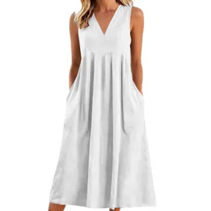 Einfarbig ärmelloses V-Ausschnitt Baumwolle loses Maxikleid, lässiges Sommerkleid mit Taschen.