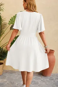 White short sleeve V-neck waist-cinch flared hem casual dress exquisite detail view