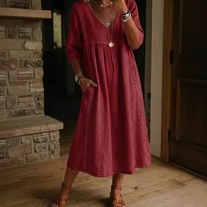 Casual loose V-neck lace trim linen cotton midi dress in red for daily elegant wear.