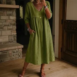 Casual loose V-neck linen cotton midi dress with lace trim and pockets for daily wear.