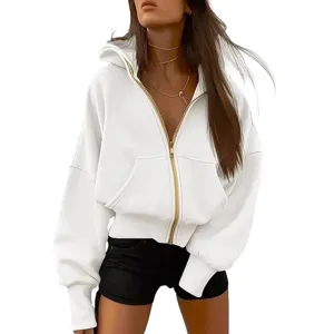 Women Full Zip Hooded Sweatshirt Long Sleeve Cropped Casual Fleece Hoodie Fall Winter Outerwear