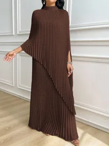 Elegant brown pleated maxi dress with asymmetric layers and high collar for women.