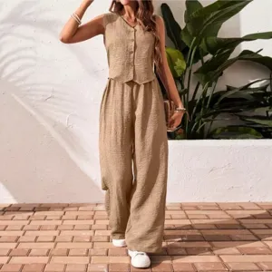 Sleeveless button vest and wide leg pants two-piece set for women, casual summer solid color outfit.