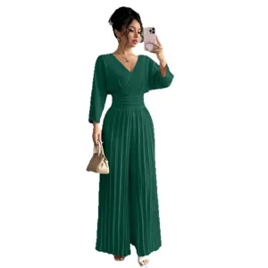 Elegant dark green V-neck pleated jumpsuit for women, chic high waist wide leg long pants.