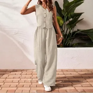 Summer Women Solid Color Sleeveless Button Vest Wide Leg Pants Set Casual Outfit New Style