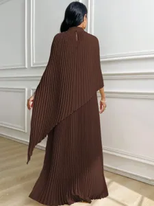 Women pleated solid color two piece cape dress casual elegant autumn fashion outfit
