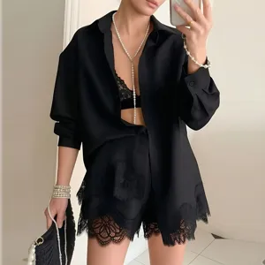 Women fashion solid color lace patchwork long sleeve shirt and shorts loungewear set summer