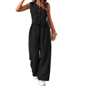 Women summer casual solid color sleeveless button vest and wide leg pants two piece set main view