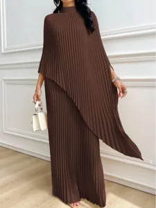 Elegant brown pleated asymmetric women's dress set, perfect for autumn casual and chic style.