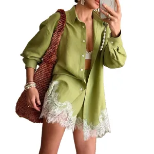 Women summer green long sleeve shirt and lace patch shorts two-piece outfit casual wear