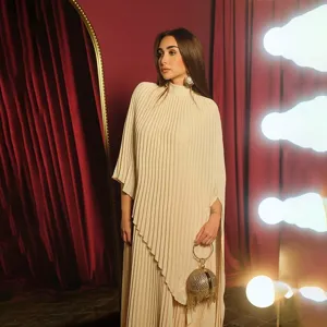 Women beige pleated long sleeve dress loose irregular hem elegant autumn fashion main display image