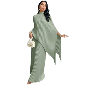 Sage green pleated two piece set women irregular poncho top and wide leg pants main view.