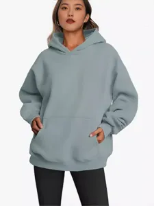 Casual solid color oversized hooded sweatshirt with front pocket for women main view