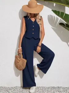 Women Summer Casual Sleeveless Button Vest And Wide Leg Pants Two Piece Outfit Set