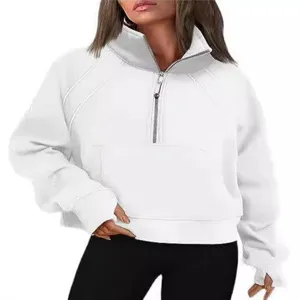 Women's 2024 autumn winter casual half zip fleece lined cropped stand collar sweatshirt.