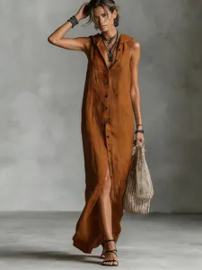 Casual sleeveless hooded long dress for women, single-breasted brown maxi dress, comfy.