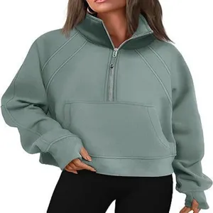 Women Half Zip Cropped Sweatshirt Fall Fleece Lined Stand Collar Pullover Casual Green Top
