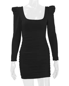Women's black long sleeve square neck bodycon puff shoulder party mini dress for autumn.