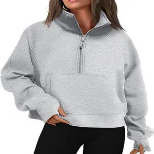 Women's Half Zip Cropped Sweatshirt Fleece Lined Stand Collar Casual Pullover Tops