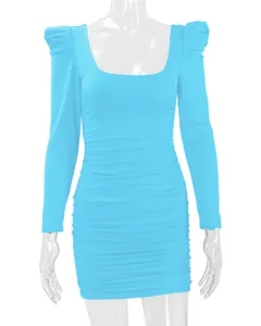 Bright blue long sleeve ruched mini dress with square neckline for women stylish party wear.