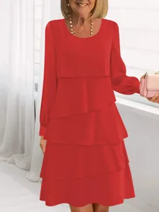 Abito autunnale a balze da donna, elegante ampio maniche lunghe collo rotondo, rosso.