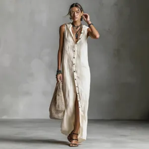 Women's Casual Loose Sleeveless Maxi Dress Single-Breasted Hooded Long Dress Summer Polyester Solid Color Fashion Apparel