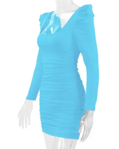 Close-up detail of bright blue long sleeve ruched bodycon dress with stacked shoulder.