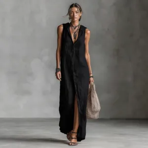 Discover the stylish sleeveless hooded maxi dress for women, perfect for casual daily wear and summer.