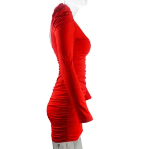 Sexy red long sleeve bodycon dress with backless design, elegant party clubwear for women.