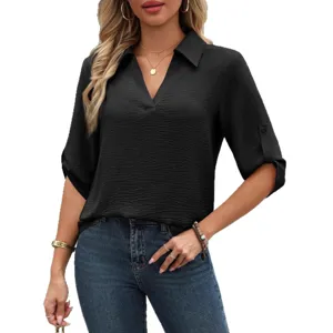 Women Black V-Neck 3/4 Sleeve Blouse Casual Chic Fashion Shirt for Daily Wear