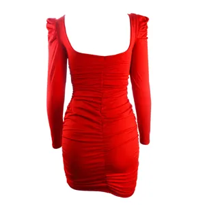 Close-up detail of the red long sleeve ruched bodycon dress showcasing back design.