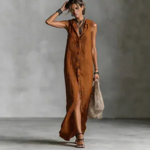 Casual sleeveless hooded maxi dress for women, stylish button down loose long dress outfit.