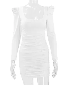 White long sleeve ruched bodycon dress texture and shoulder detail view showcase.