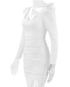 Detail view of white long-sleeve bodycon dress, featuring ruched design and square neckline.