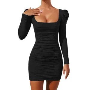 Black long sleeve square neck ruched bodycon mini dress for women sexy party club wear