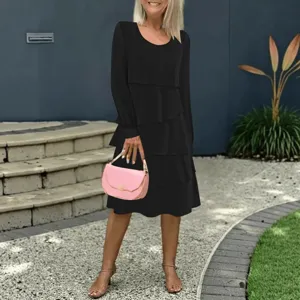 Herfst zwarte lange mouwen gelaagde jurk vrouwen casual losse ronde hals midi outfit