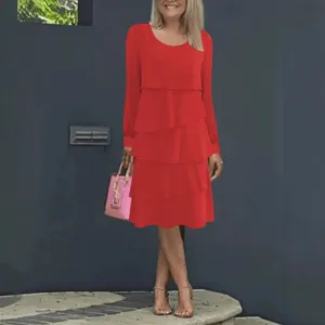 Dames Rode Lange Laagjes Jurk Herfst Casual Losse Ronde Hals Mode Midi Jurk Nieuw Stijl