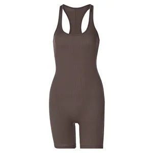 Women solid ribbed knit sleeveless sports yoga romper jumpsuit brown activewear fitness outfit