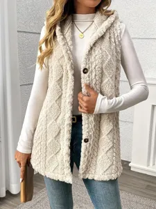 Women's casual solid color fleece hooded button vest, cozy autumn and winter outerwear layer.
