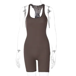 Brown ribbed athletic yoga romper for women, casual tight fitness jumpsuit with racerback.