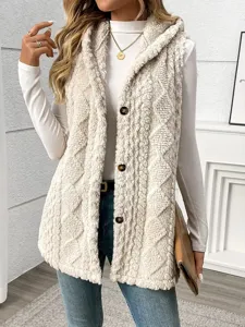 Women casual solid color fleece hooded vest winter warm button up sleeveless outerwear