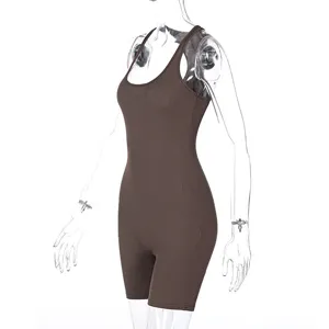 Brown ribbed knit sleeveless bodycon romper, high waist yoga jumpsuit for women summer.