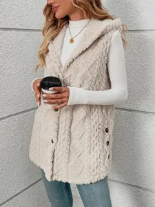 Beige double-sided plush hooded button cardigan vest for women, casual autumn winter wear.