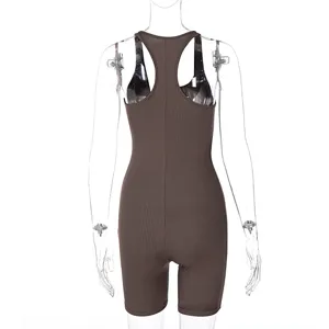 Ribbed knit yoga jumpsuit detail view, solid color backless activewear sporty romper for women.