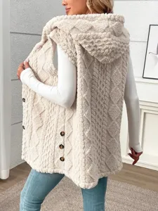 Detailed back view of women's cozy sherpa hooded fleece vest in cream, casual winter outerwear.