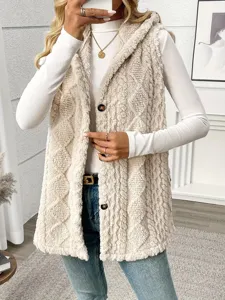 Women solid color fleece hooded button cardigan vest autumn winter casual daily outerwear